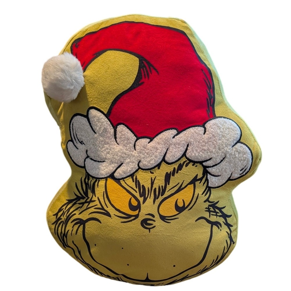 Dr Seuss The Grinch Who Stole Christmas Santa Hat Shaped Plush Throw Pillow NWOT
